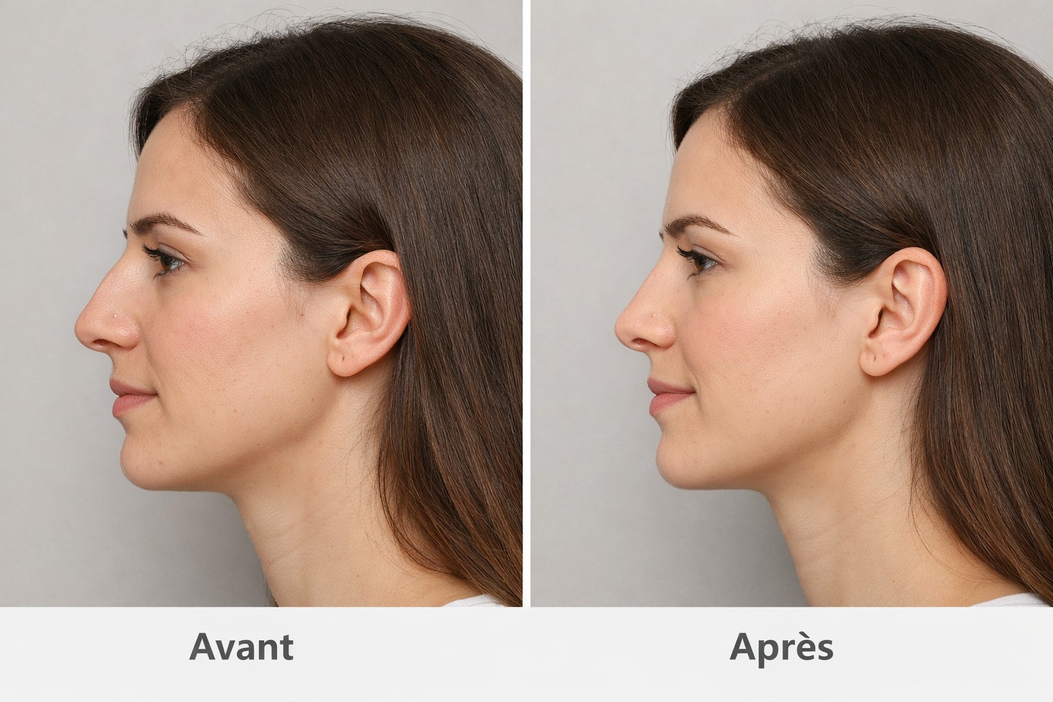 Exemple d'image avant-après générée par IA pour une rhinoplastie — résultat anatomiquement impossible