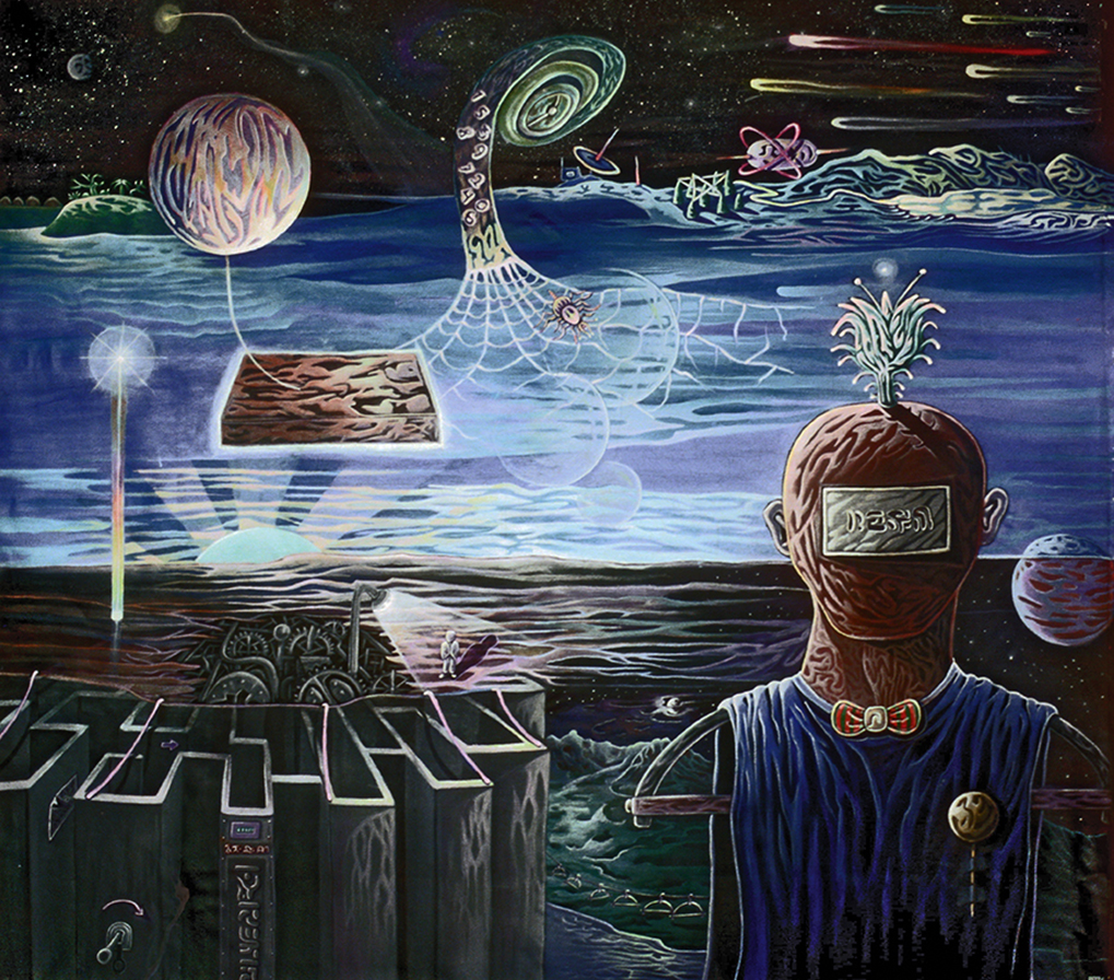 A square surrealist painting titled 'The Last Crusade' by Beny Tchaicovsky, featuring a figure with a screen on its face, a dark maze with gears, and a cosmic sky with a spiderweb-like structure.