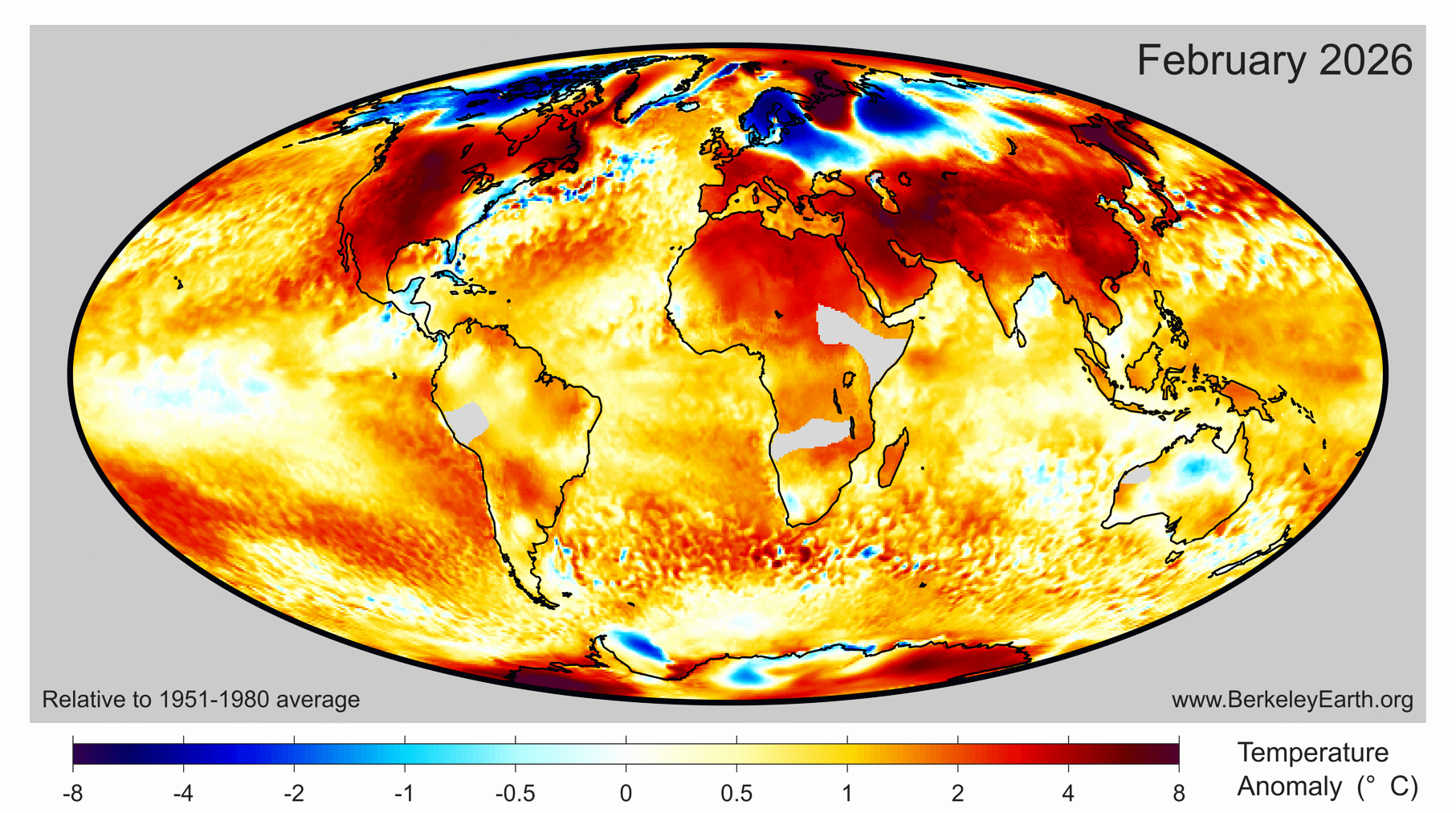 February 2026 Temperature Update Berkeley Earth Month Anomaly Map 