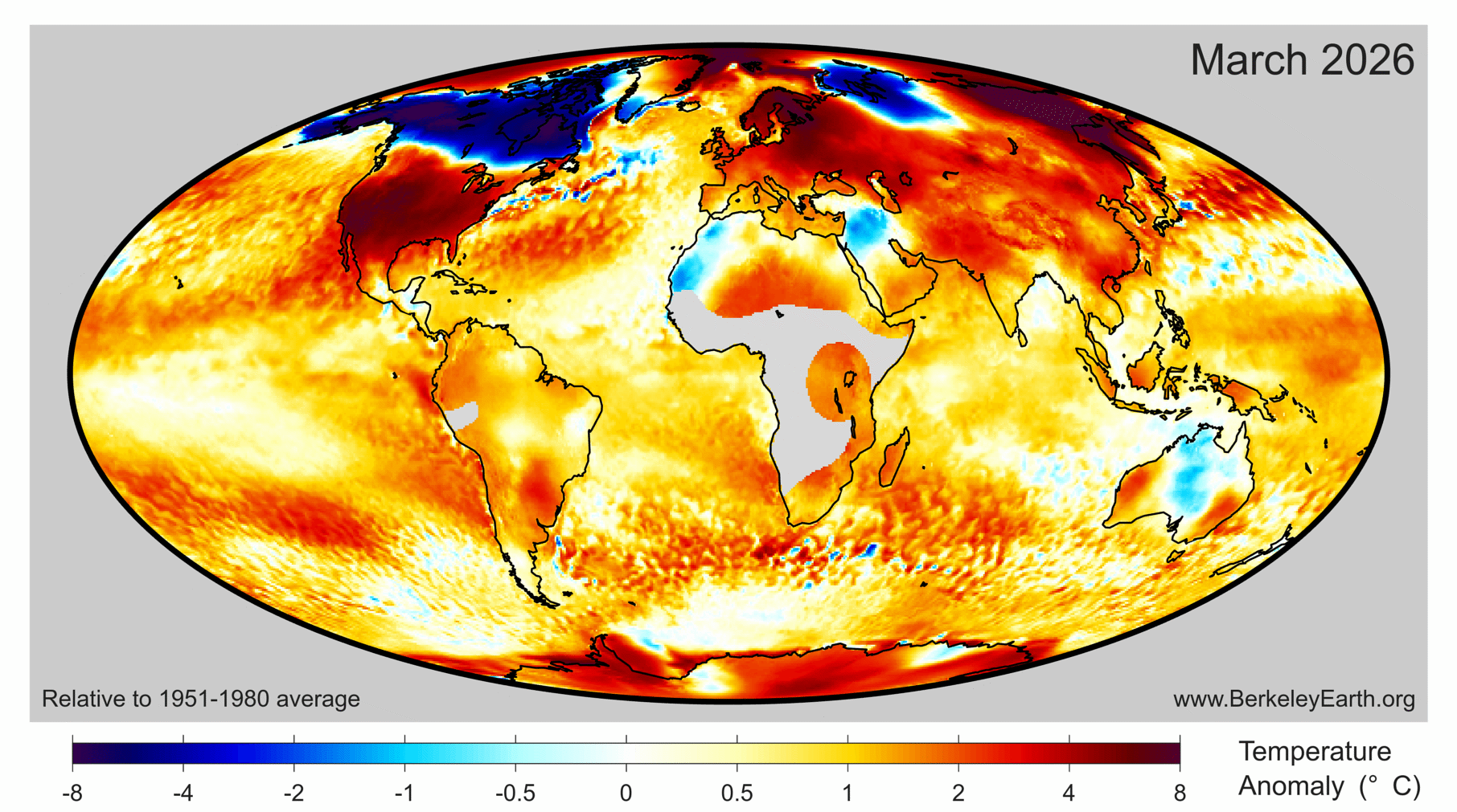 March 2026 Temperature Update Berkeley Earth Month Anomaly Map 