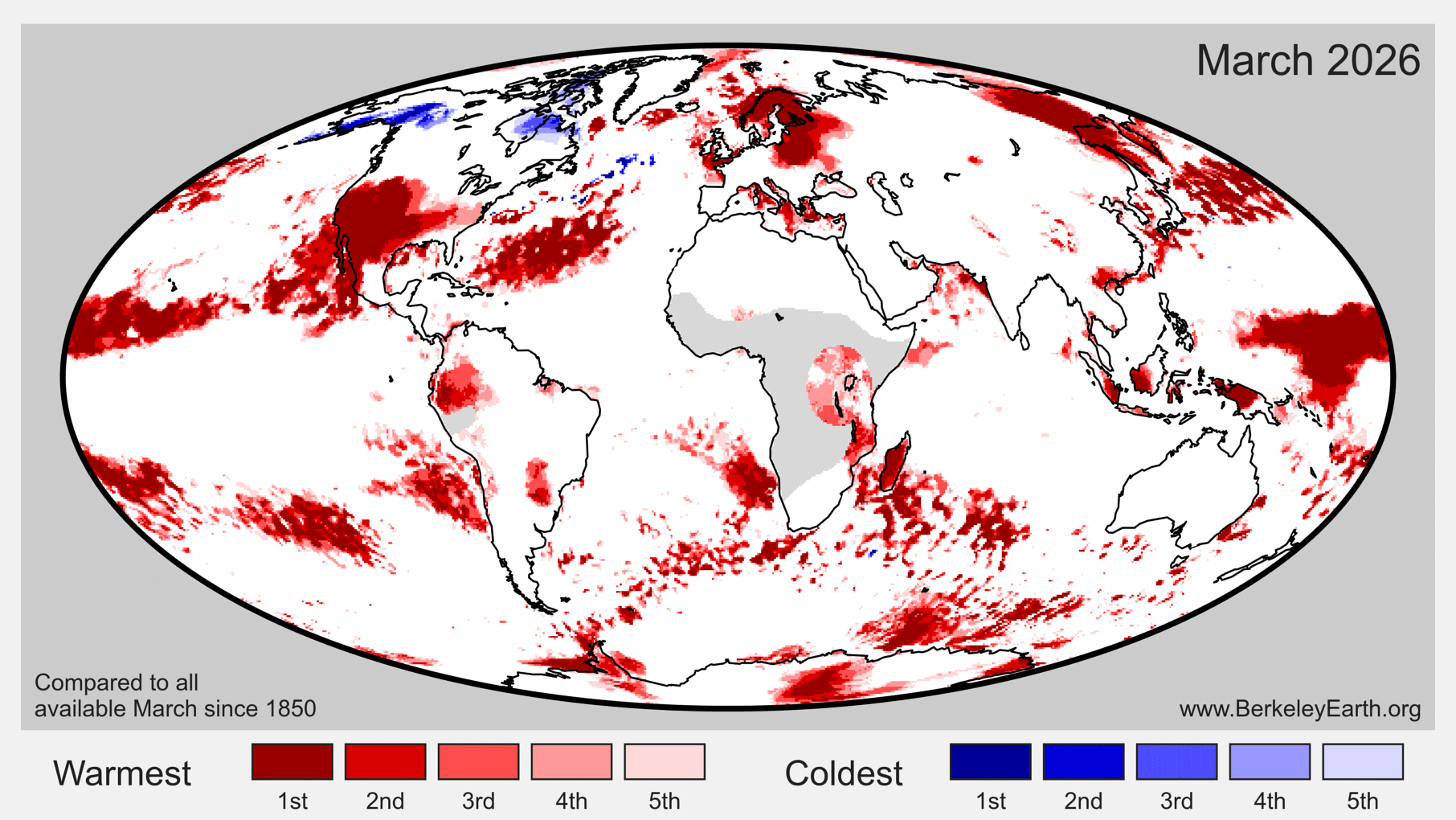 March 2026 Temperature Update Berkeley Earth Month Rank Map 