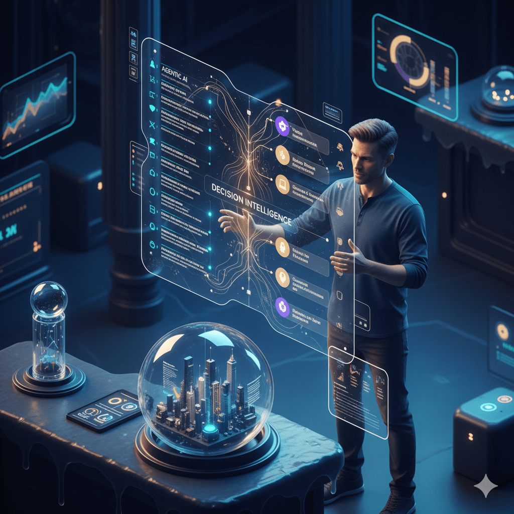 A 3D isometric digital artwork of a creative professional using a holographic "Decision Intelligence" interface, showing parallel tracks for autonomous AI execution and human-led brand governance in a glowing blue and cyan studio.