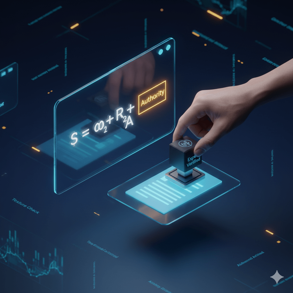 A 3D digital visualization showing a human hand verifying an AI-generated document next to a glowing mathematical SEO formula, $S = \omega_1 D + \omega_2 R + \omega_3 A$, in a modern blue-tinted studio.