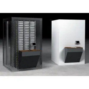Two server racks, one open displaying equipment, and one closed, on a reflective surface against a dark background.