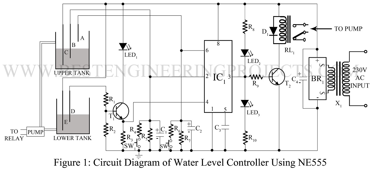 Water Level Controller Using NE555 | Best Engineering Projects two float wiring diagram 