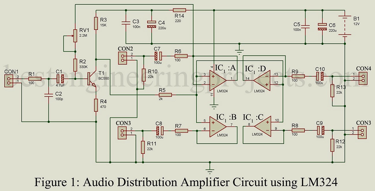 Audio Distribution Amplifier Circuit Using Lm324