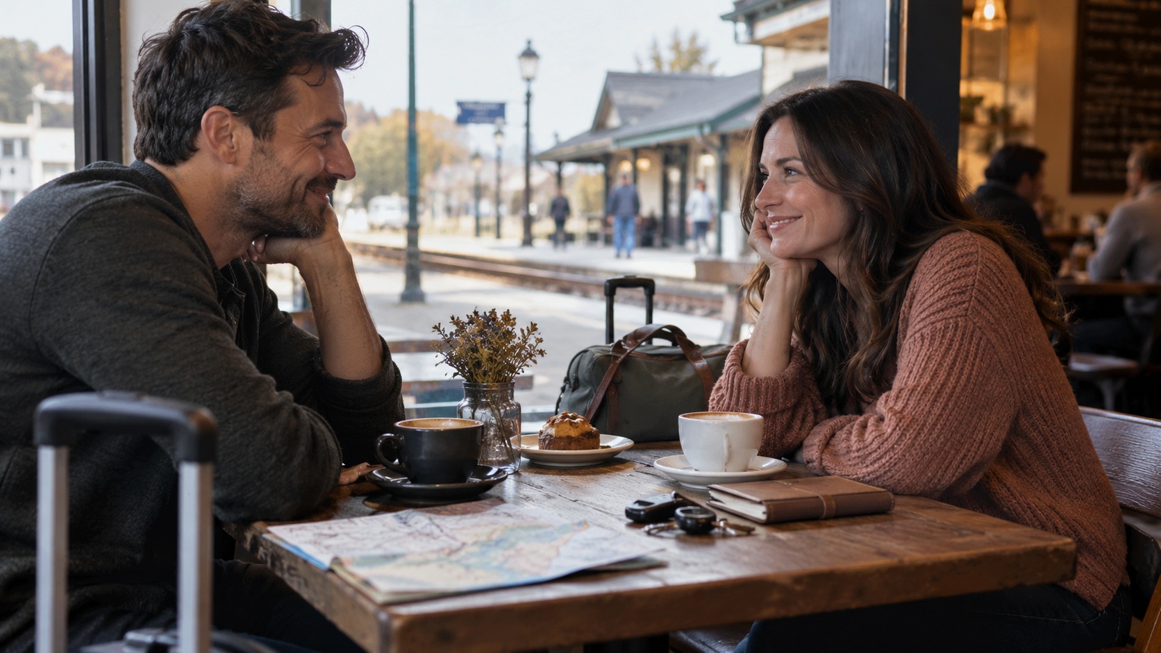 Couple meeting at a train-station café with luggage nearby, reflecting the reality of long-distance HSV dating.