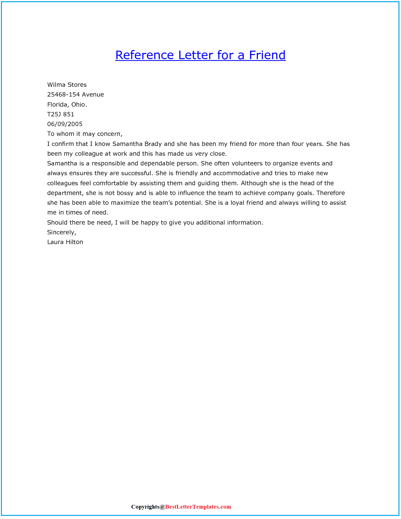 Character Reference Letter For Friend Format Sample Example Best Letter Templates
