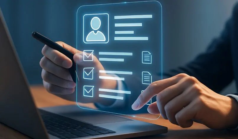 Man digitally filling online application form on laptop at night.