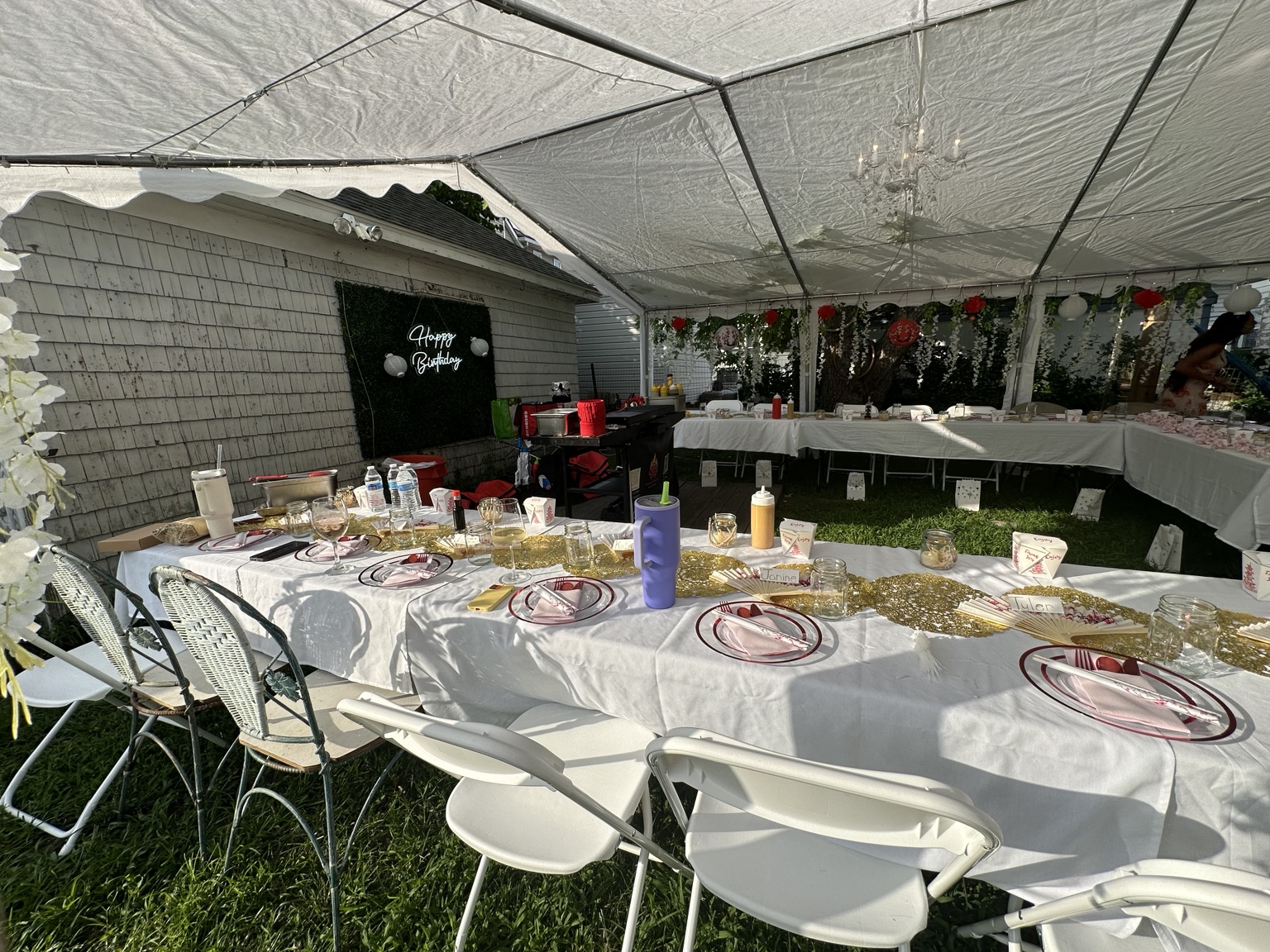 Covered birthday seating at a private hibachi party