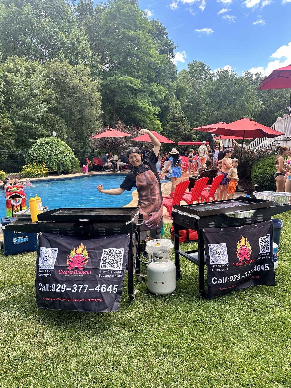 Real Monroe Connecticut graduation party with hibachi chef and two portable griddles beside the pool
