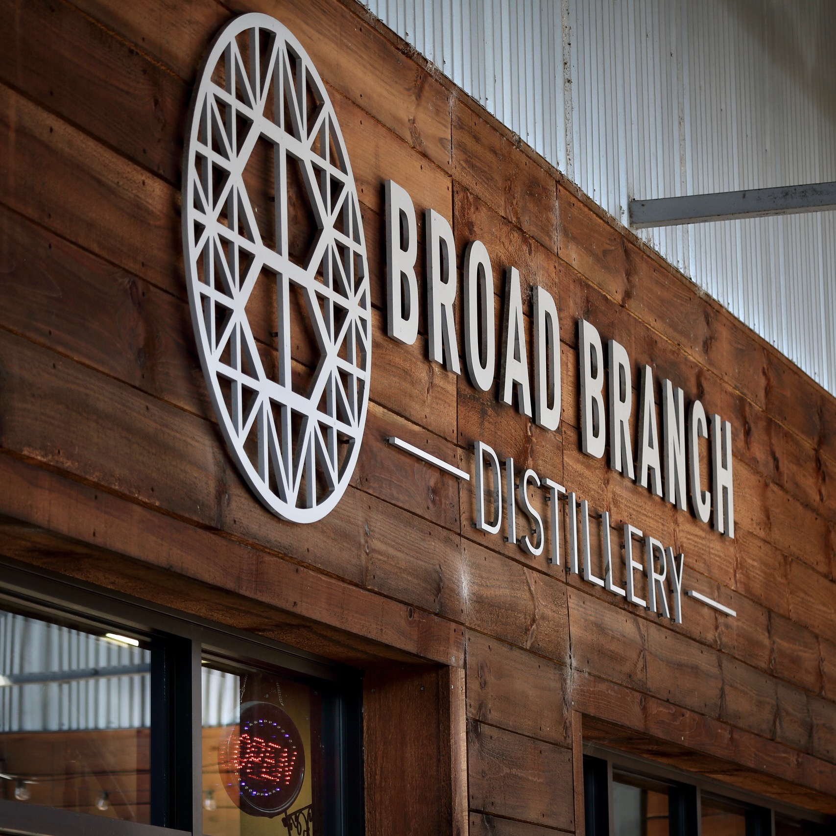 Broad Branch Whiskey Distillery store sign in Winston Salem