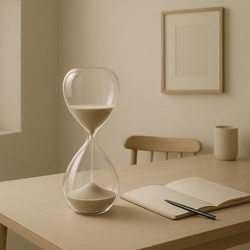 A table with an hourglass, notebook, pen, and chair in the background. Pants are also in the image.