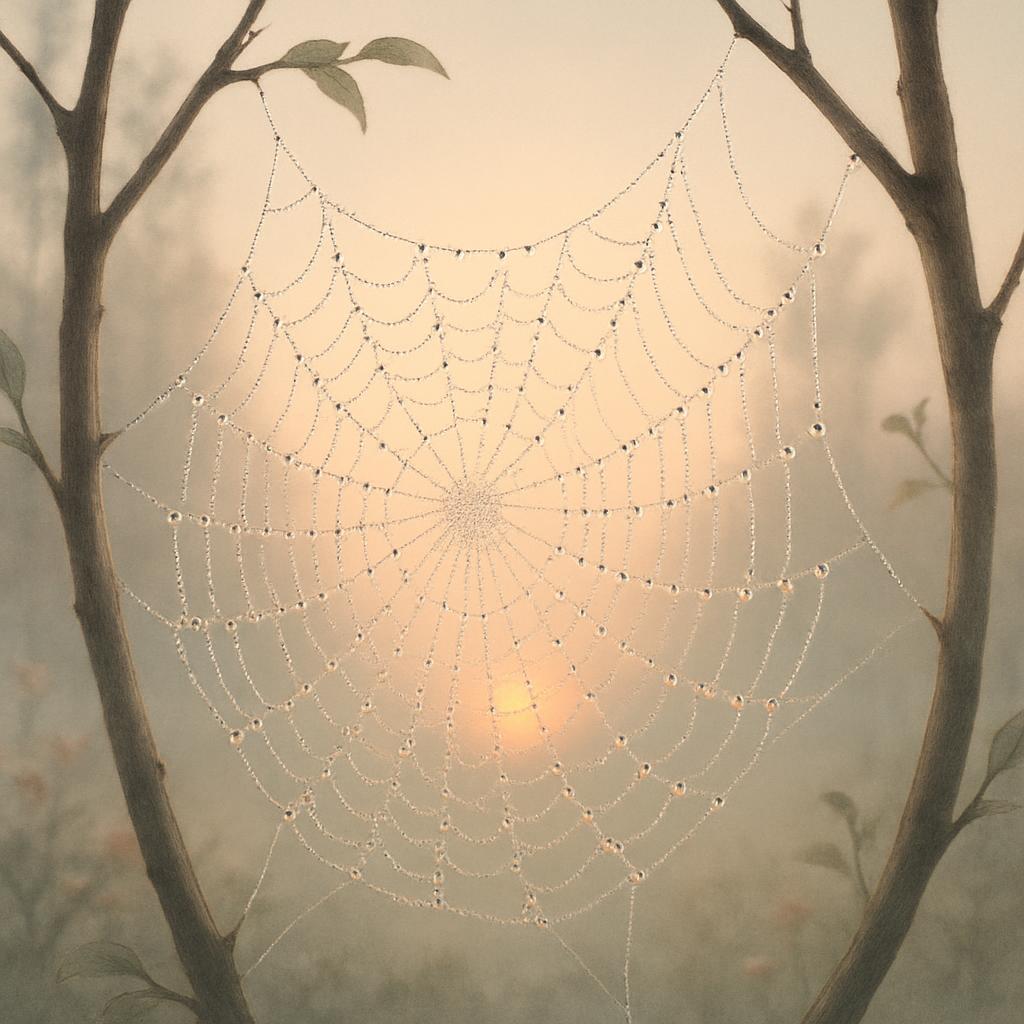 A realistic painting of a spiderweb adorned with dew-drops and surrounded by thin tree branches, set against a foggy lands...