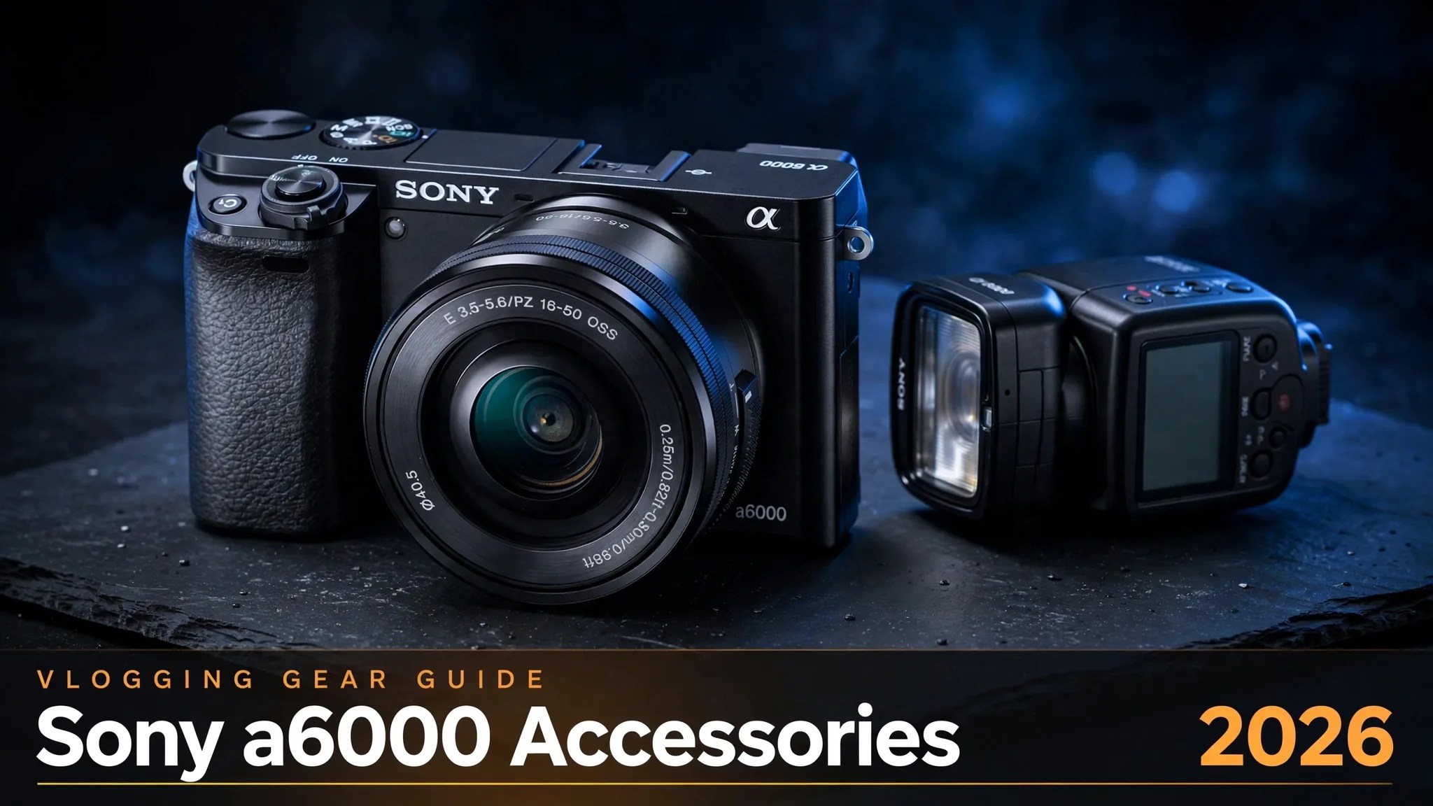Best Sony a6000 accessories 2026 — camera with portrait lens and flash