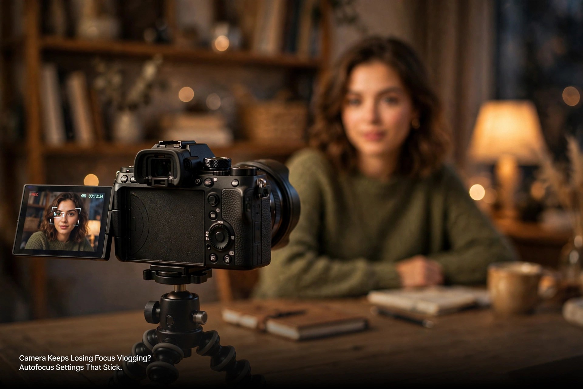Cinematic photo of a mirrorless camera on a mini tripod filming a creator at a wooden desk in a warm, softly lit room, the flip screen showing a white eye autofocus box locked on her eye, with the title Camera Keeps Losing Focus Vlogging? Autofocus Settings That Stick in white text at bottom left