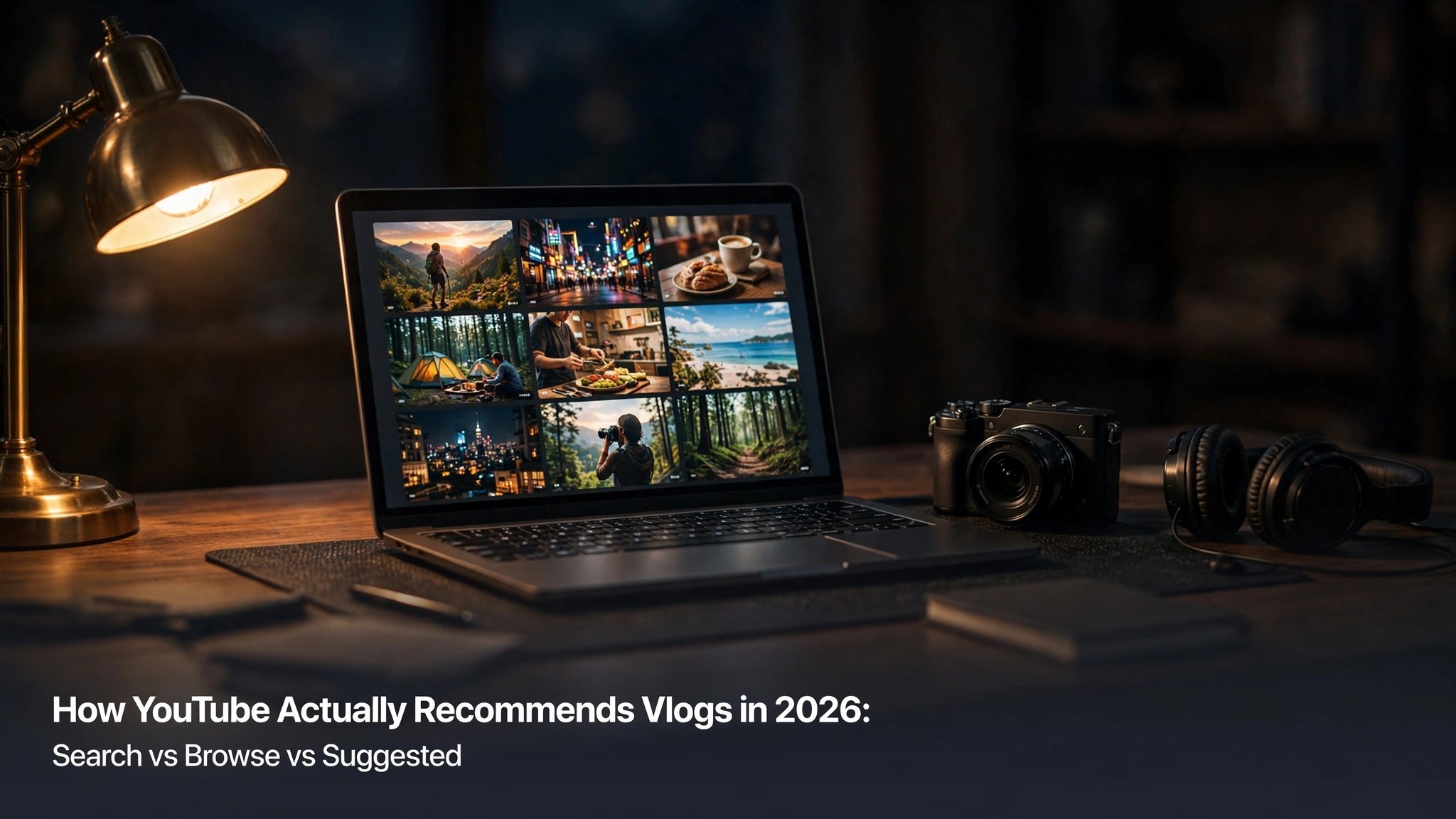 Cinematic night time creator desk in warm lamplight, a laptop showing a grid of colorful vlog thumbnails with a mirrorless camera and headphones beside it, with the title How YouTube Actually Recommends Vlogs in 2026: Search vs Browse vs Suggested in modest white text at bottom left over a soft dark gradient (Pilot C banner, regenerated 2026-10-09)