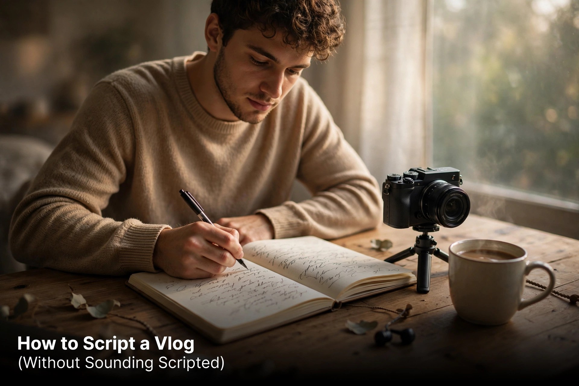 Creator writing a vlog script in an open notebook beside a mirrorless camera on a mini tripod and a cup of coffee, in warm morning window light, under the title How to Script a Vlog (Without Sounding Scripted)