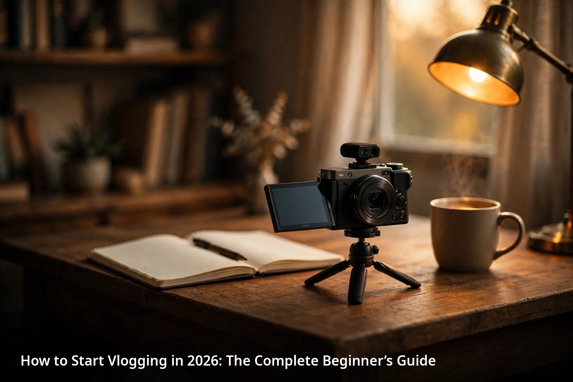 A beginner vlogging setup: a compact camera with a flip screen on a mini tripod, beside an open notebook and a mug on a wooden desk in warm lamplight