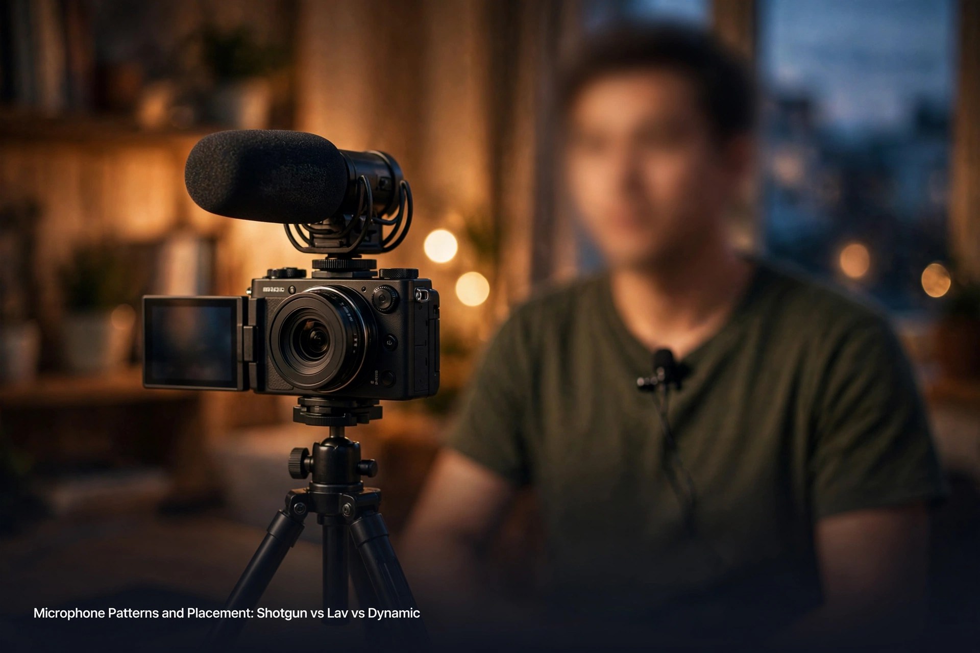 Shotgun microphone with a foam windscreen mounted on a vlogging camera in a warm room, a lavalier mic clipped to a shirt in soft focus beside it, under the title Microphone Patterns and Placement: Shotgun vs Lav vs Dynamic