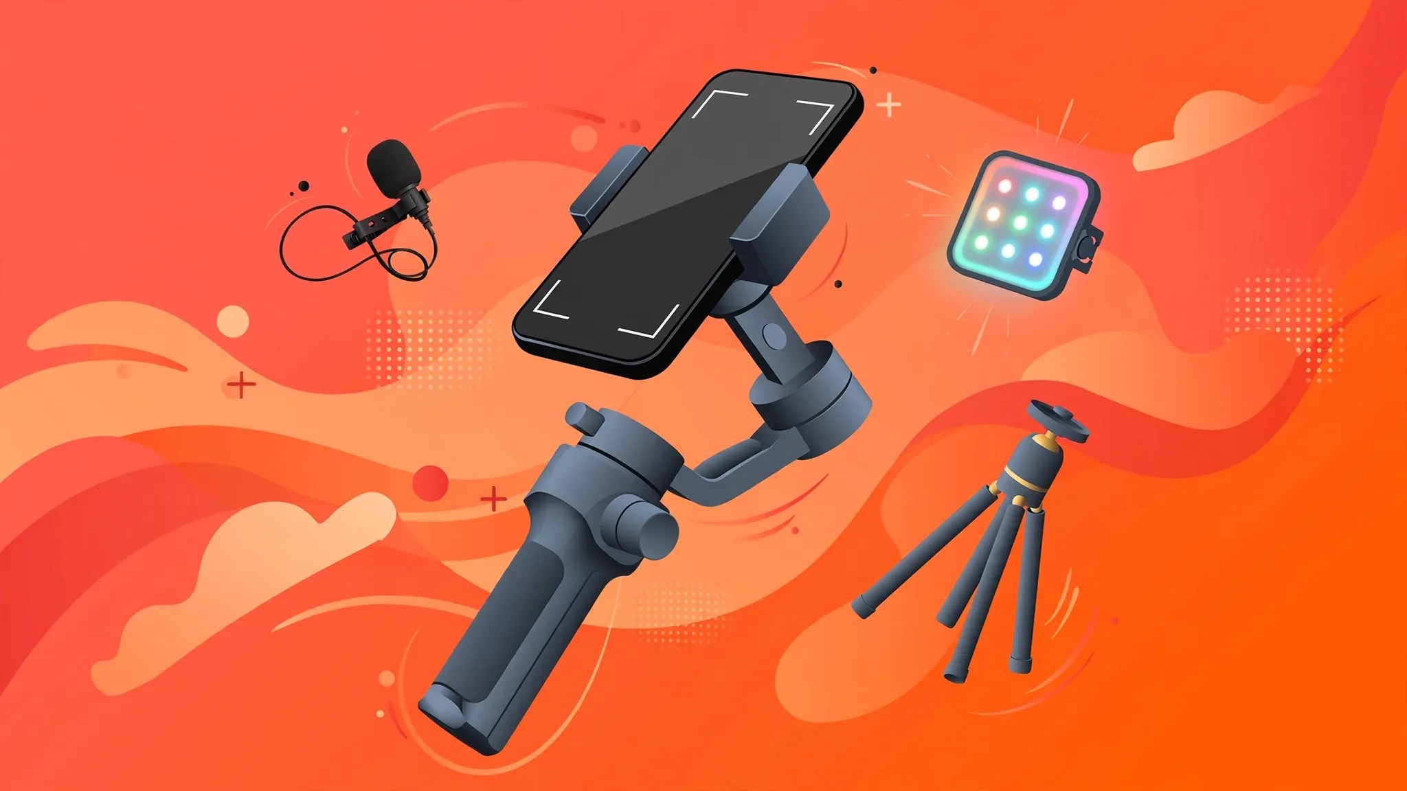 Illustrated mobile vlogging kit on an orange background: phone on a handheld gimbal, clip-on microphone, RGB LED light and a mini tripod