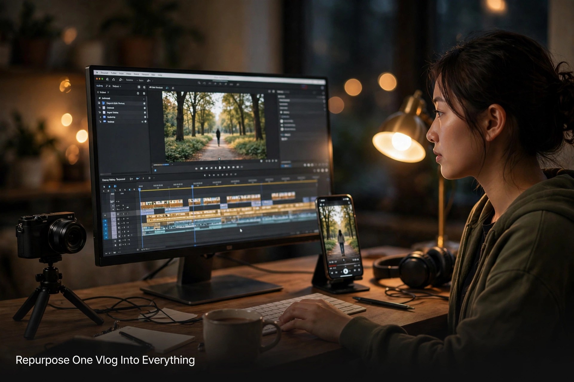 Creator at a desk at night with a long vlog on the editing timeline of a large monitor and a vertical clip playing on a phone beside it, under the title Repurpose One Vlog Into Everything