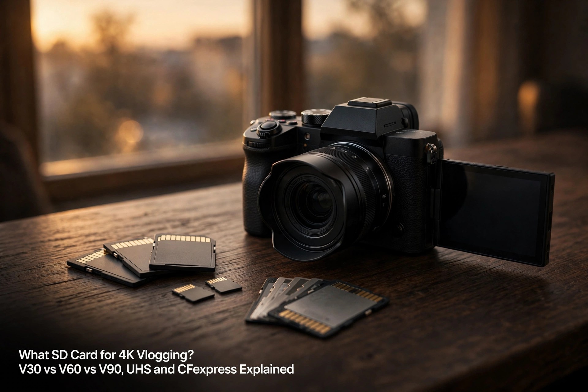 Cinematic photo of a mirrorless vlogging camera with its flip screen out on a dark wooden desk at dusk, SD, microSD and CFexpress cards fanned beside it in warm window light, with the title What SD Card for 4K Vlogging? V30 vs V60 vs V90, UHS and CFexpress Explained in white text at bottom left