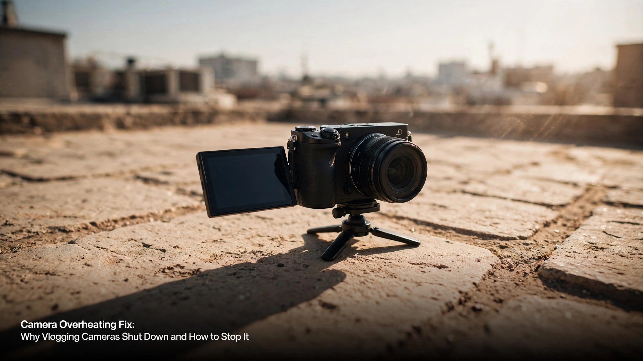 Cinematic photo of a black mirrorless vlogging camera on a mini tripod on sun-baked stone outdoors, flip screen swung open, blurred hot rooftop skyline behind, warm moody grade, with the post title in modest white text at bottom left over a soft dark gradient (Pilot C banner, generated 2026-10-09)