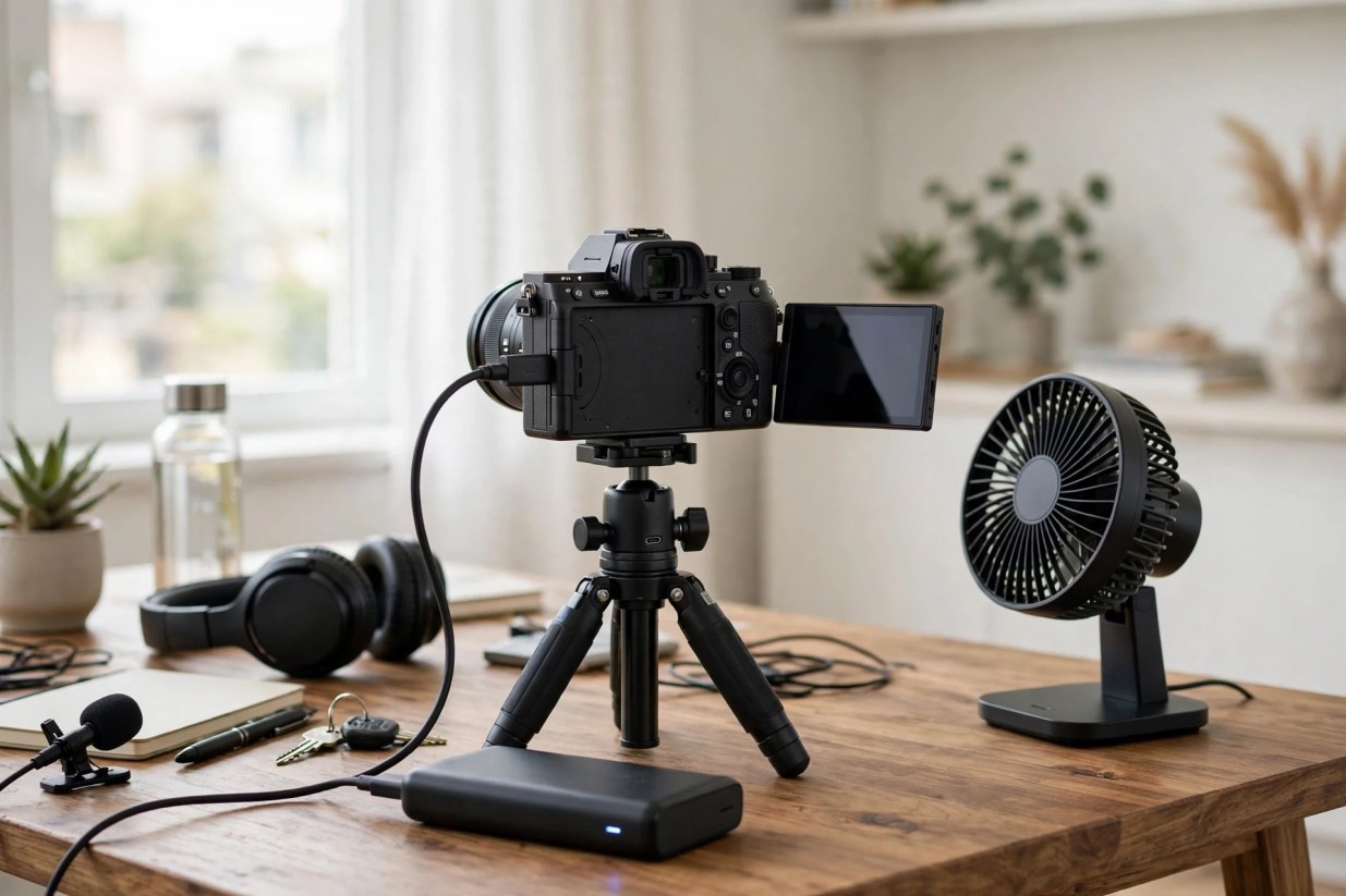 Mirrorless camera on a small tripod on a wooden desk, powered by a USB-C cable from an external battery pack, flip screen open, with a small desk fan beside it