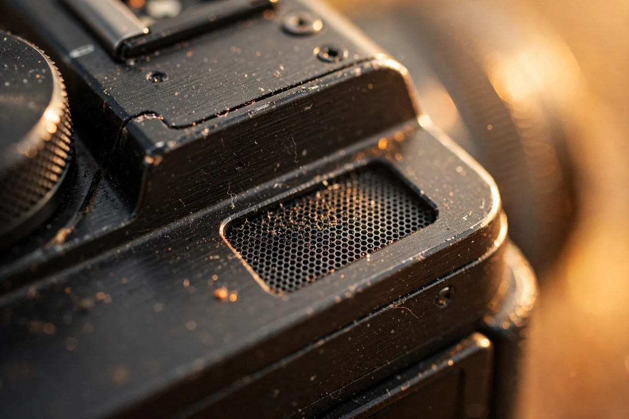 Close view of a black camera top plate and perforated ventilation grille in warm light, with dust visible on the brushed metal surface