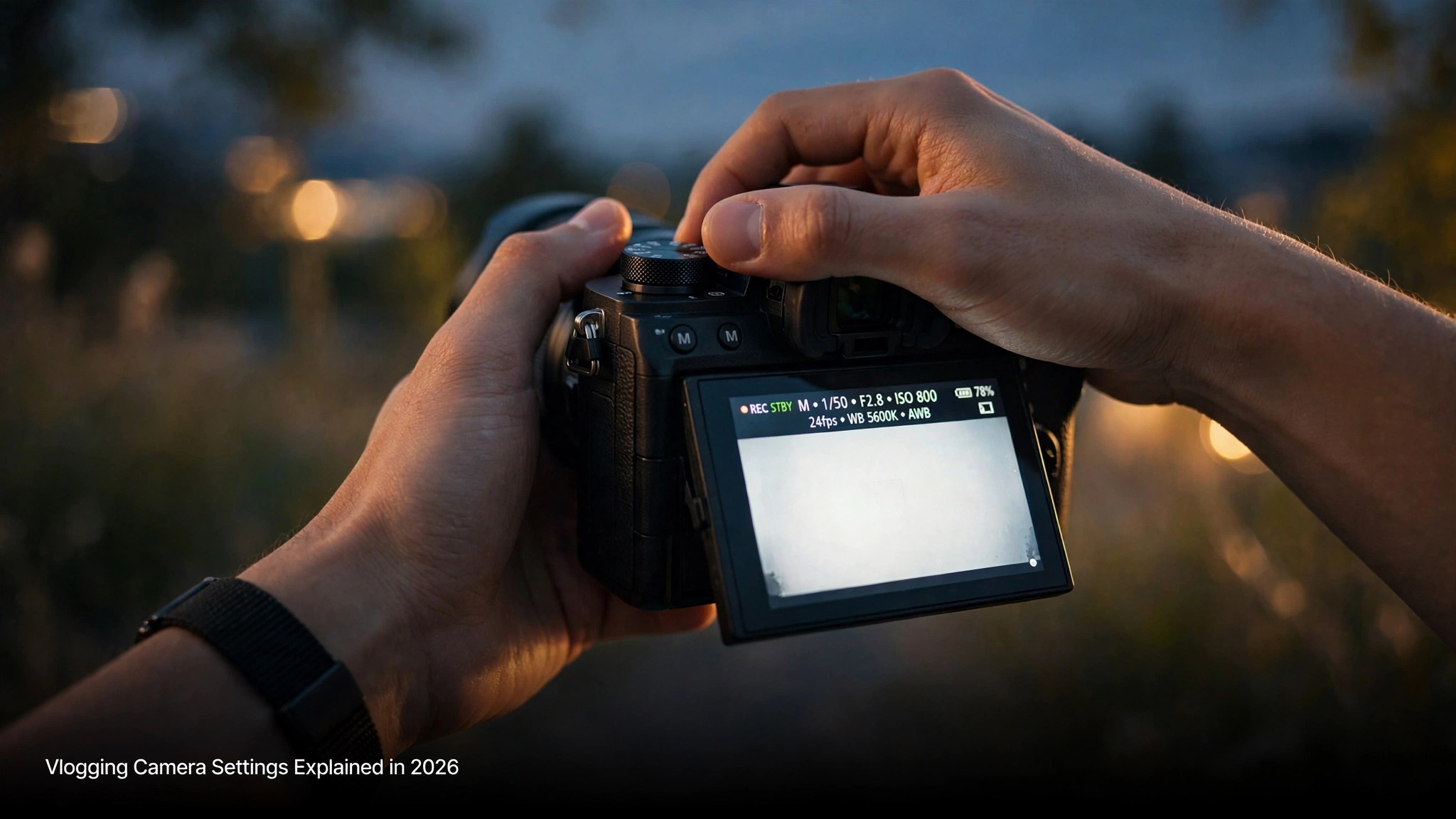 Hands adjusting a mirrorless camera mode dial at dusk with settings on the flip screen
