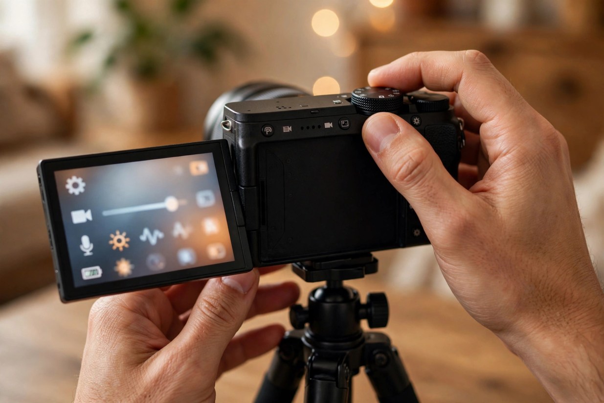 Close-up of hands turning a camera mode dial with the flip screen open showing a soft settings menu indoors