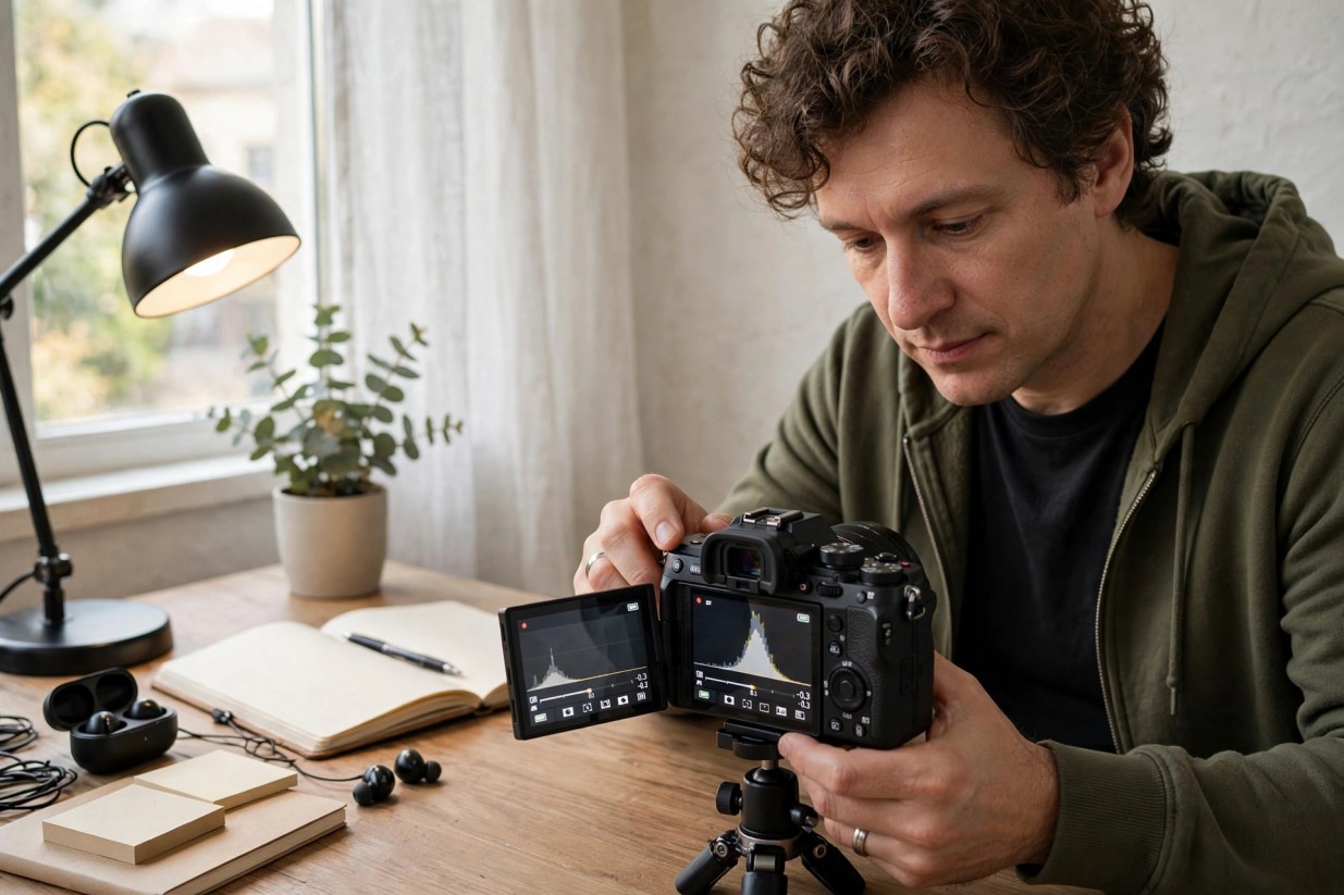 Creator at a desk checking exposure on a camera flip screen during a test recording, with a desk lamp and notebook nearby