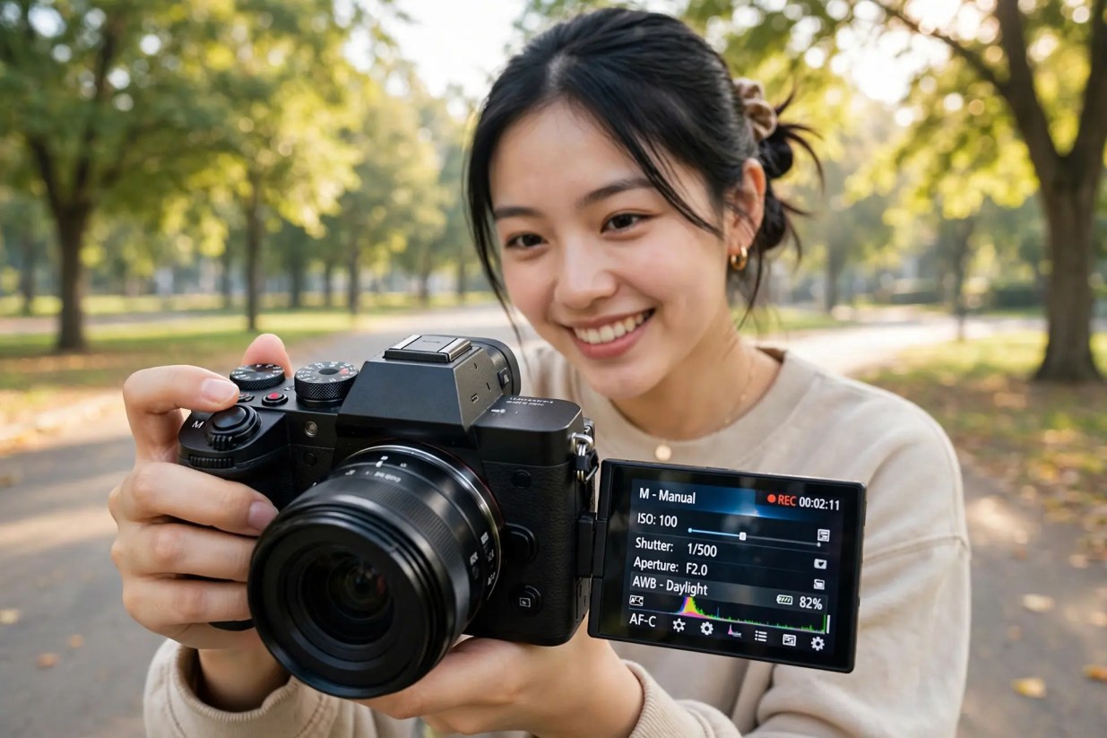 Vlogger holding a mirrorless camera with flip-out screen showing manual video settings including ISO, shutter speed and aperture while filming outdoors in a park