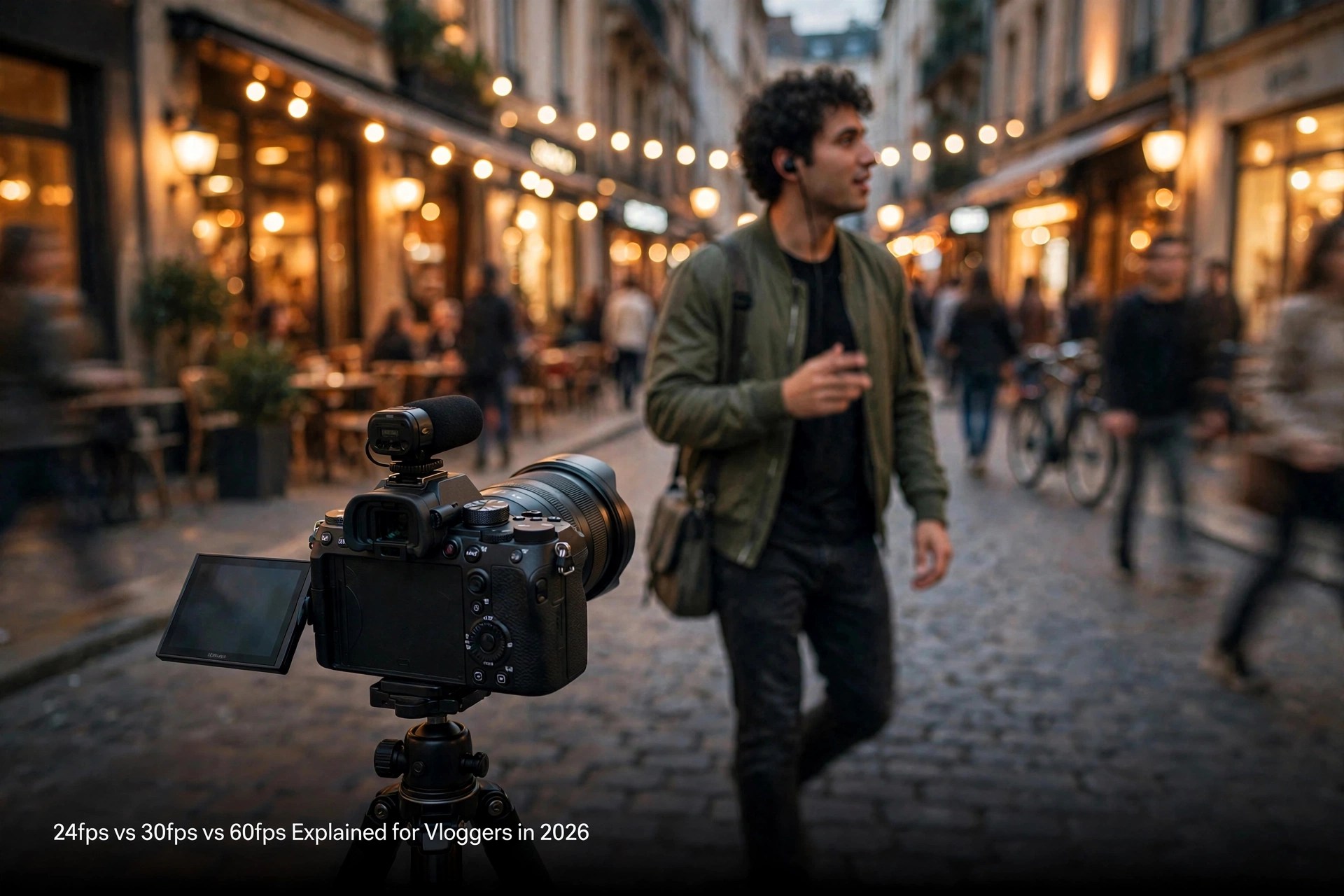Mirrorless camera with a flip screen and a shotgun microphone on a tripod filming a creator walking through a warmly lit city street at dusk, gentle motion blur on passers-by, under the title 24fps vs 30fps vs 60fps Explained for Vloggers in 2026