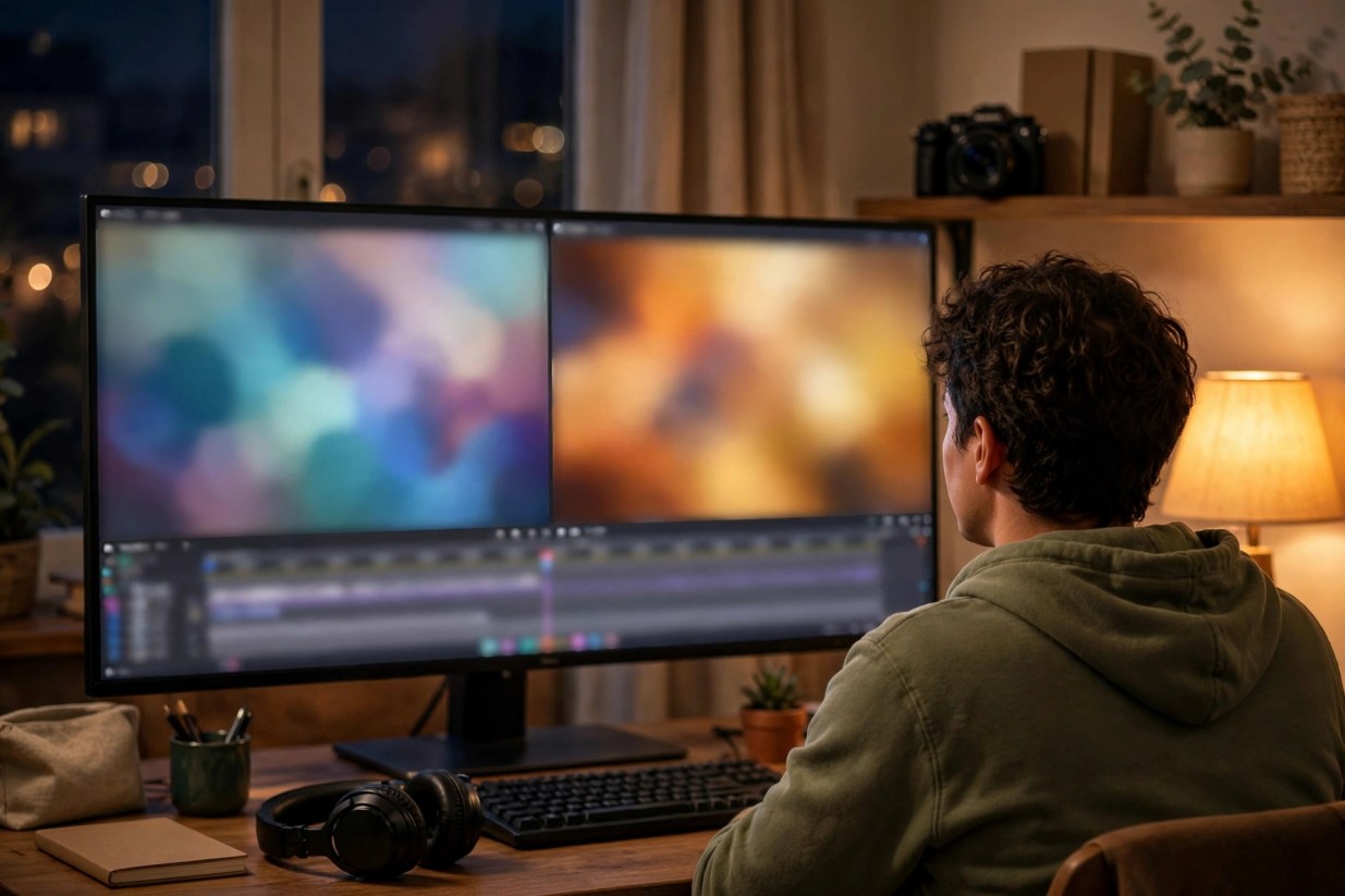 Creator at a home desk comparing two video clips side by side on a wide monitor while editing, checking how different frame rates look before choosing one