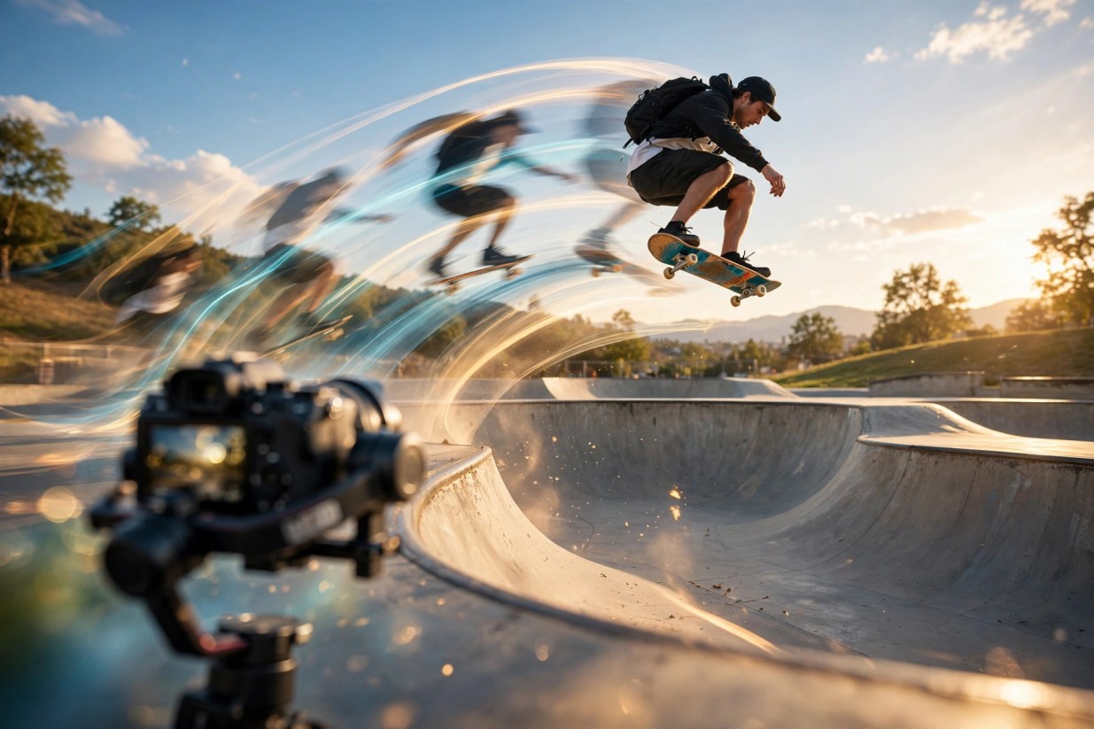 Skateboarder frozen mid-jump at golden hour with long smooth motion trails, recorded by a camera on a gimbal, an illustration of buttery slow motion captured at a high frame rate