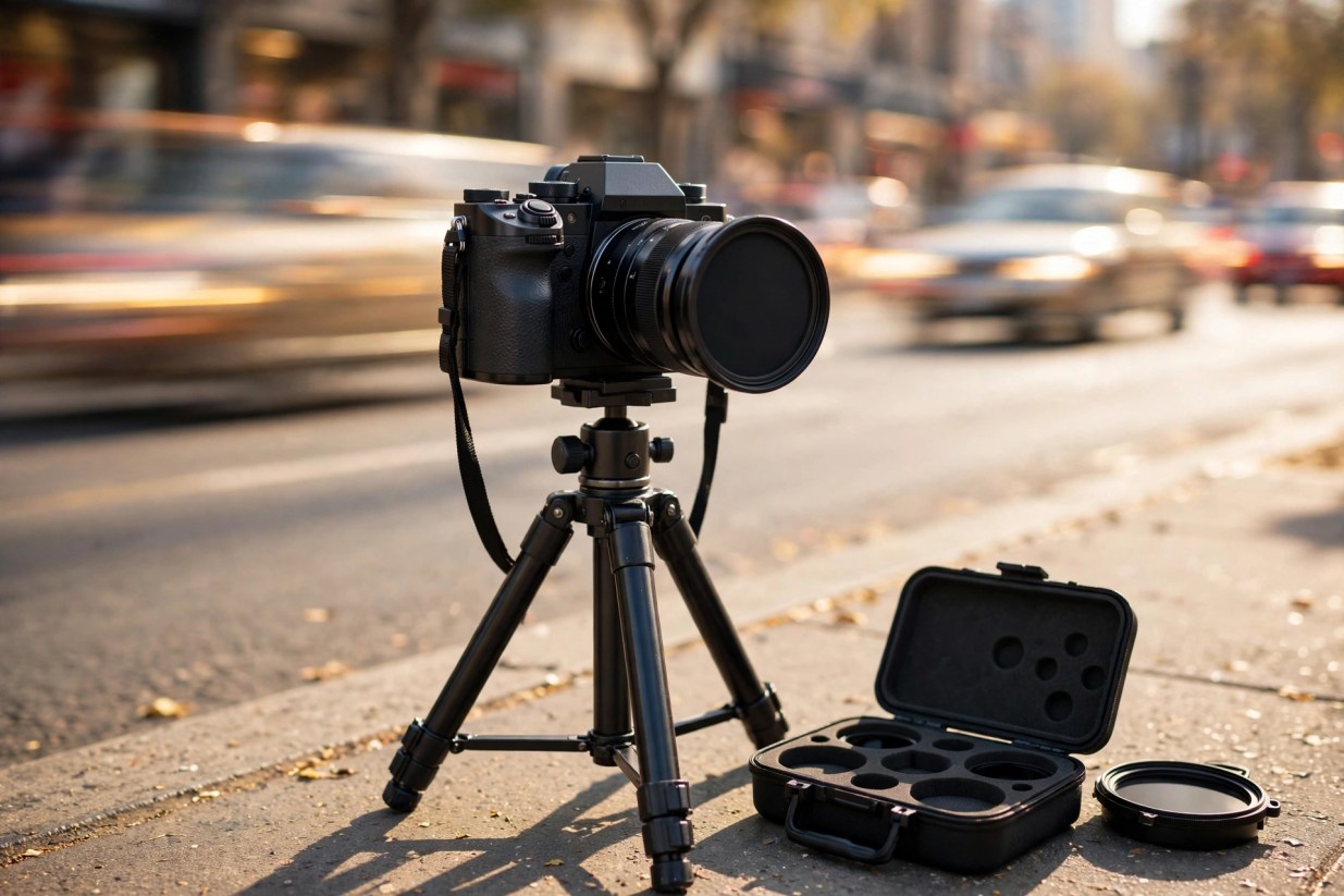 Mirrorless camera on a tripod at the edge of a sunny street with a dark ND filter on its lens and an open filter case beside it, passing traffic blurred into streaks behind it