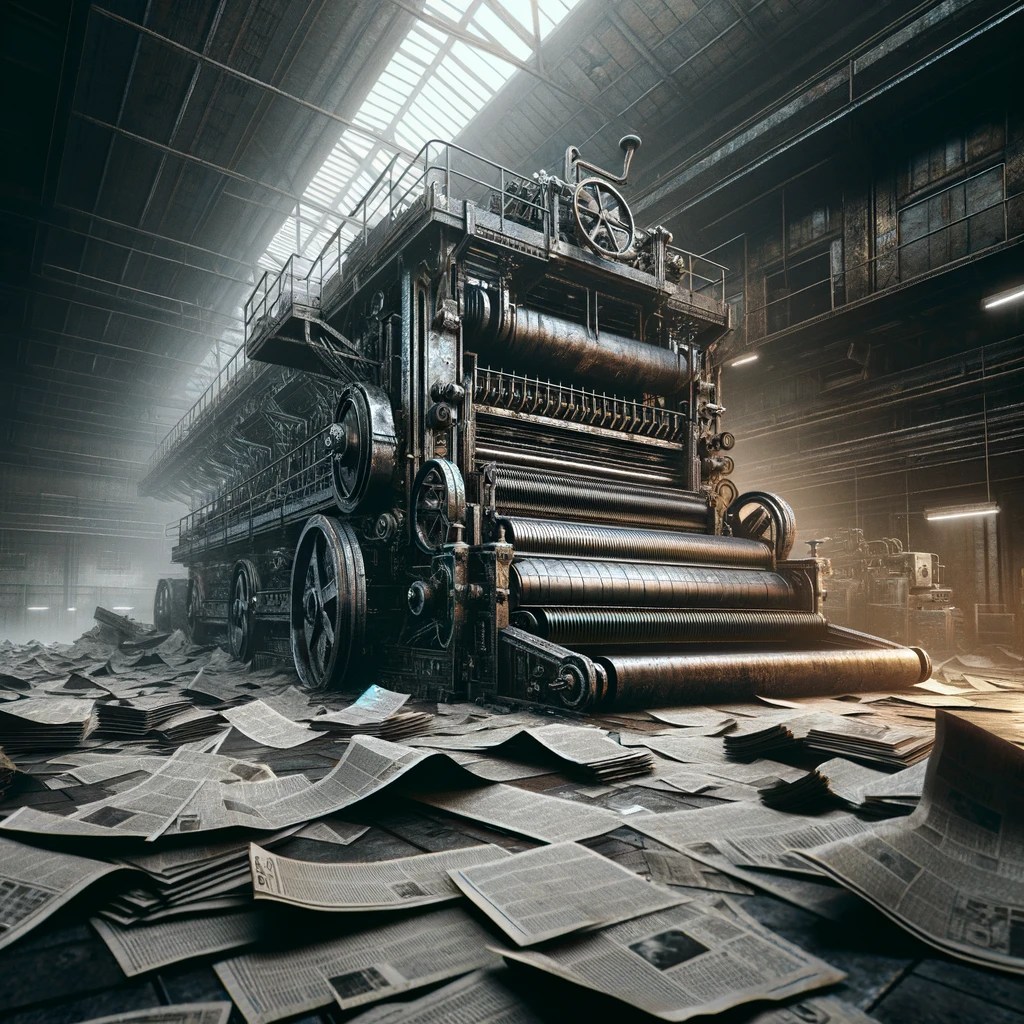 DALL·E 2024-04-19 19.23.36 - A dramatic scene depicting a destroyed newspaper press. The machine is large and metallic, with visible signs of damage such as bent parts and broken