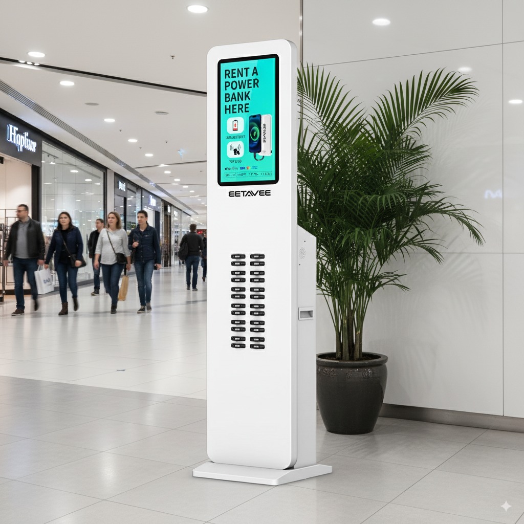 24 slots shared power bank rental kiosk placed in a mall
