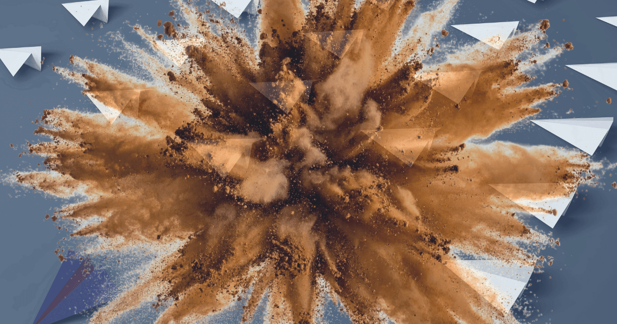 A burst of brown dust exploding outward as white paper planes scatter away from the blast