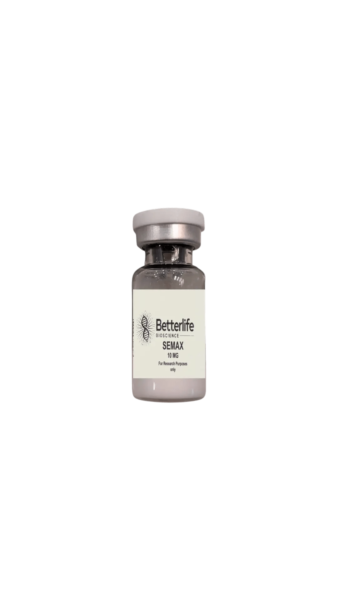 Clear vial with the label Betterlife Bioscience Semax 10mg Clearly marked with Research purposes only