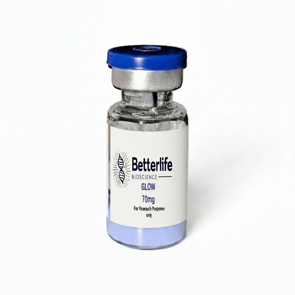Vial with Blue top and blue powder. Label reads GLOW 70mg from Betterlife Bioscience