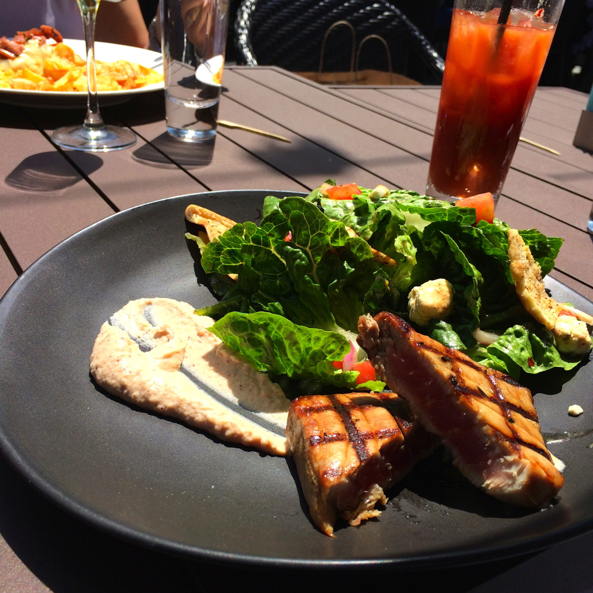 Greek salad with marinated grilled yellowfin tuna at Tavern on the Green.