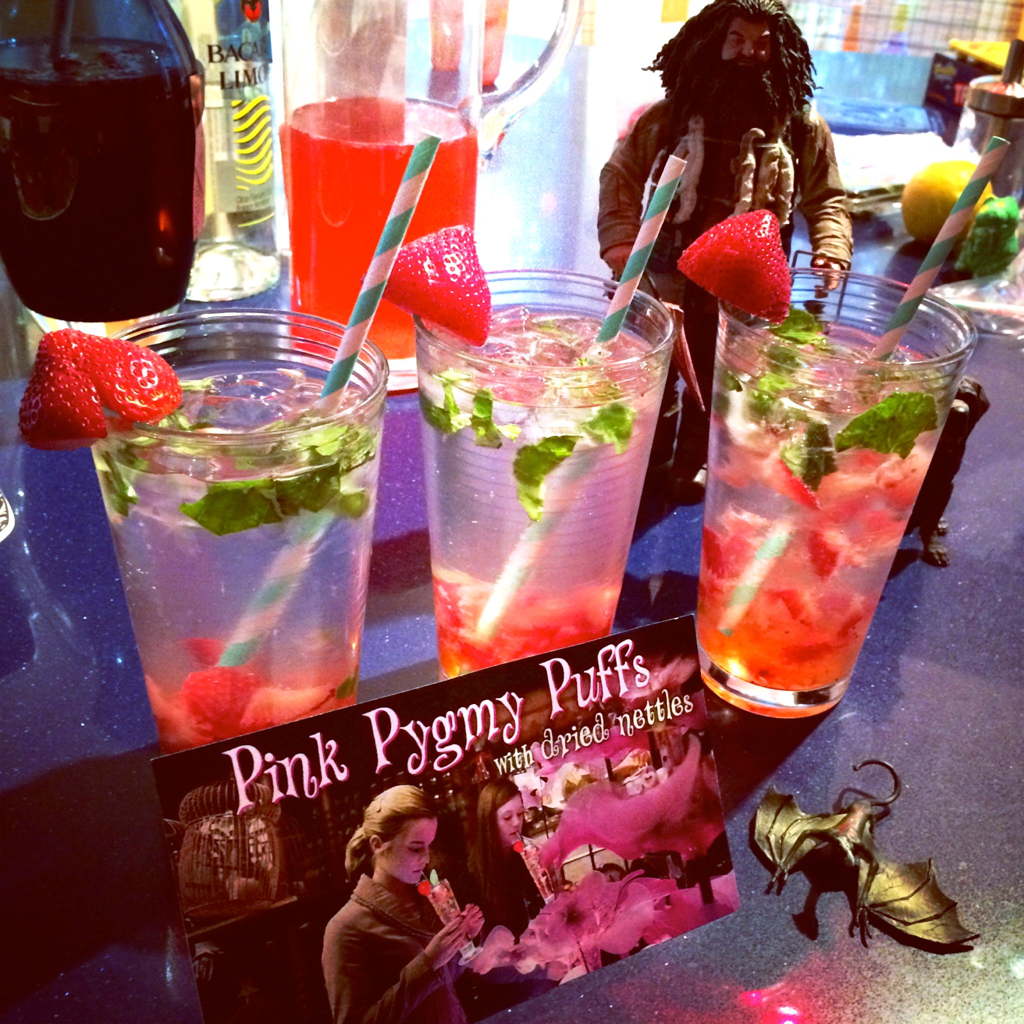 Pink Pygmy Puffs with dried nettles (or strawberry basil mojitos).