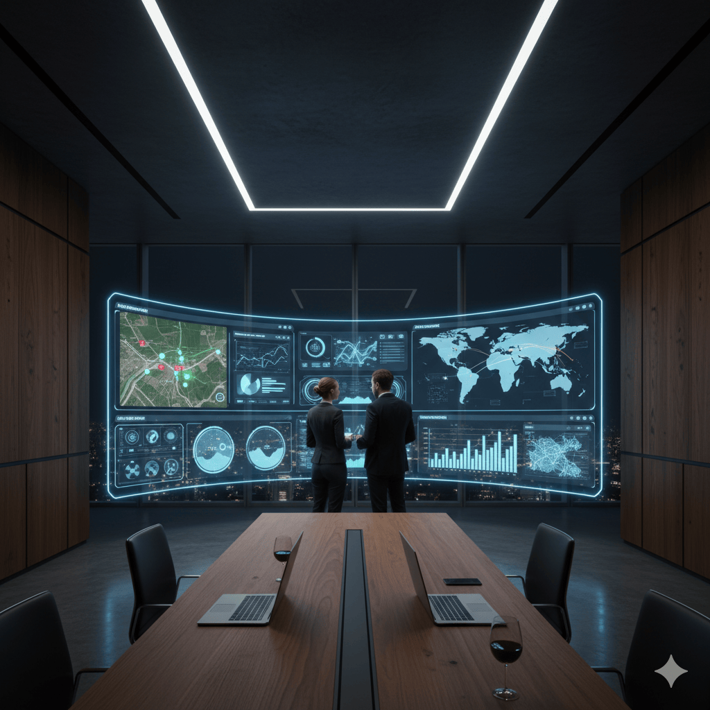 Sala controllo futuristica sommelier e data analyst con schermi olografici - data-driven wine big data
