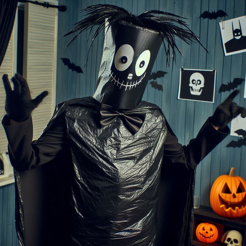 A person wearing a terrible homemade halloween costume made from bin bags