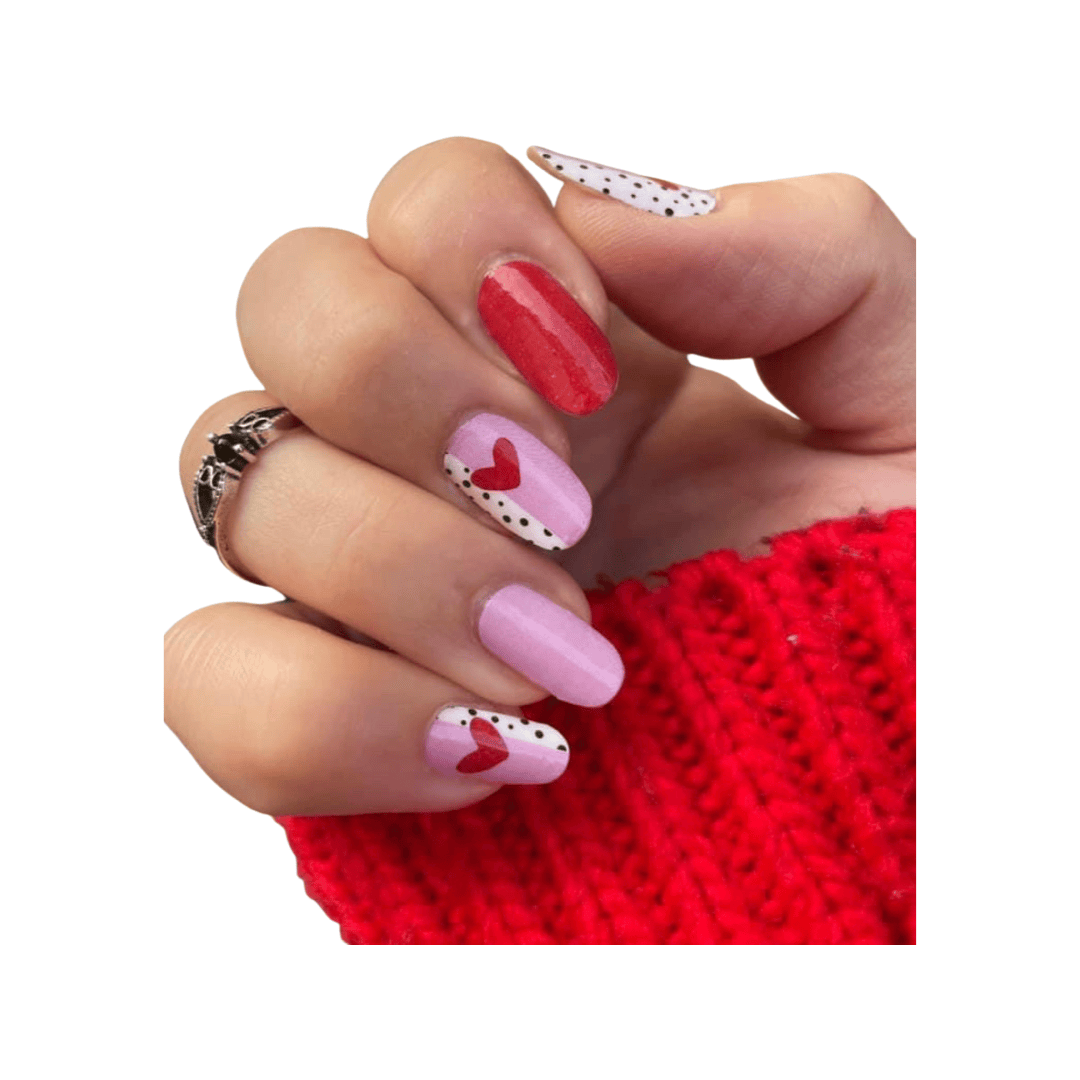 pink and red heart nail wrap medium nails