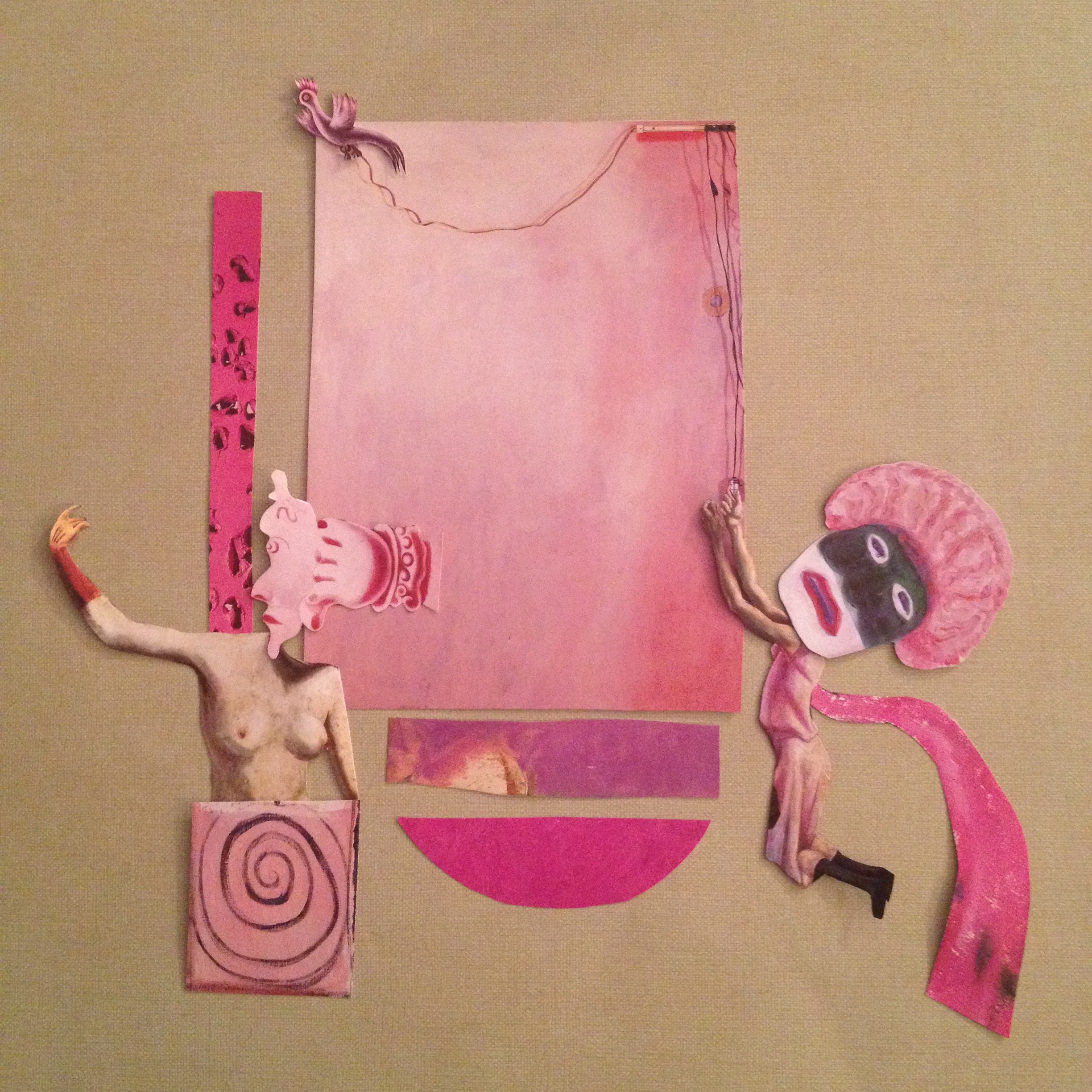 SUSPENDED (12″ x 12″ hand-cut collage) – This picture illustrates the feeling you get when you are in someone’s bad books. You feel vulnerable, as though you are in a play without a script…and you are not sure what to say or do. Yet, while in this state of suspension, you have to pretend everything is fine so you don’t make the situation worse.