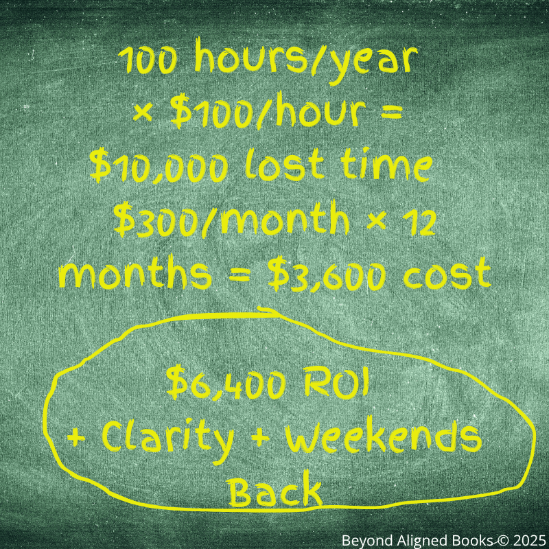 Chalkboard graphic showing a bookkeeping cost-benefit breakdown: 100 hours/year × $100/hour = $10,000 lost time. Bookkeeping service at $300/month × 12 months = $3,600 cost. Result: $6,400 ROI plus clarity and weekends back. Image branded with "Beyond Aligned Books © 2025".